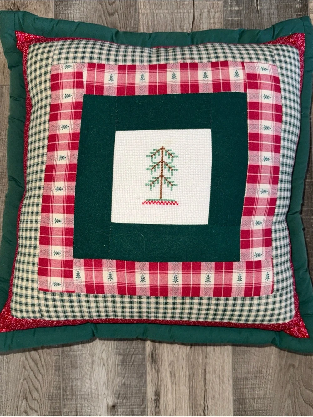 Handmade patchwork Holiday Plaid Tree Decorative Pillow - Green and Red